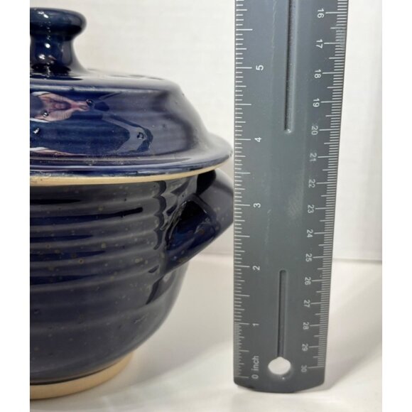 Deep Navy Blue Glazed Stoneware Lidded Bowl Vegetable Steamer Garlic Keeper - Picture 8 of 9